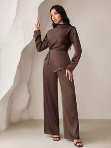 Veilorie Women's Solid Color Pleated Long Sleeve Top And Pants Casual Daily Arabic Outfit Set - Coffee Brown - View 6