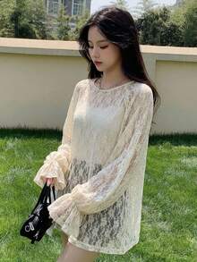 FRIFUL Women's Apricot Loose Sheer Cover Up, Lace Camisole With Bell Sleeve, Spring/Summer,Ruffle Long Sleeve Women Tops - Apricot - View 13