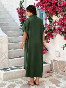 Vionelle Plus Size Women's Metal Starfish Decor Casual Elegant Party Vacation Dress Dark Green Summer - Army Green - View 2
