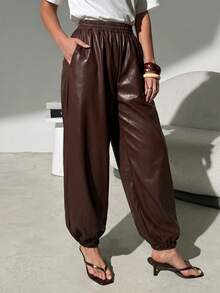 SHEIN Clasi Damen Große Größen einfarbig elastischer Bund PU-Leder lässig Gothic sexy 70er Jahre vielseitig Alltagskleidung lange Hose Herbst Nacht Ausgehen Braun - Braun - Übersicht 6