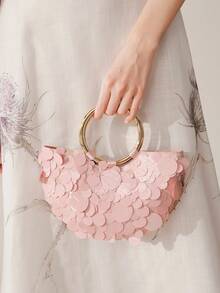 MOTF Bolso de mano de mujer con lentejuelas rosas, asa redonda, bolso semi-redondo exquisito, brillante y sencillo, adecuado para citas y fiestas, vacaciones de verano, viajes, , playa, bohemio, a juego - Rosa Pálido - Ver 8