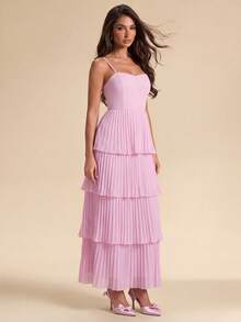 SHEIN Glamour Damen Maxikleid, mehrlagiger Stufenrock, plissierter langer Rock, rosa trägerloses Kleid, Urlaub, Party, Hochzeit und andere Bankett charmantes Kleid - Pink - Übersicht 3