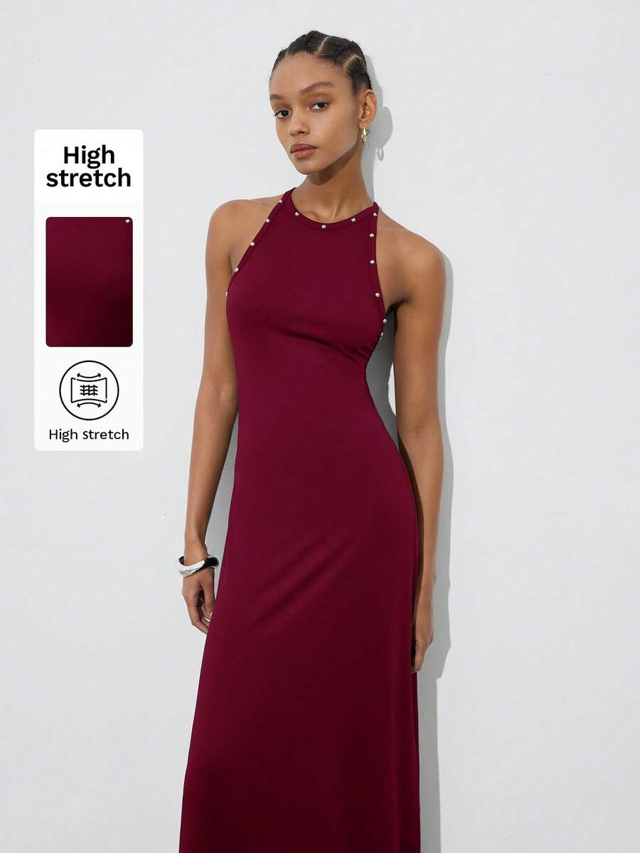 Maija Women's Summer Elegant Mature Beaded Decor Long Dress Party Night Bar Dinner Burgundy Pearl - Burgundy - View 1