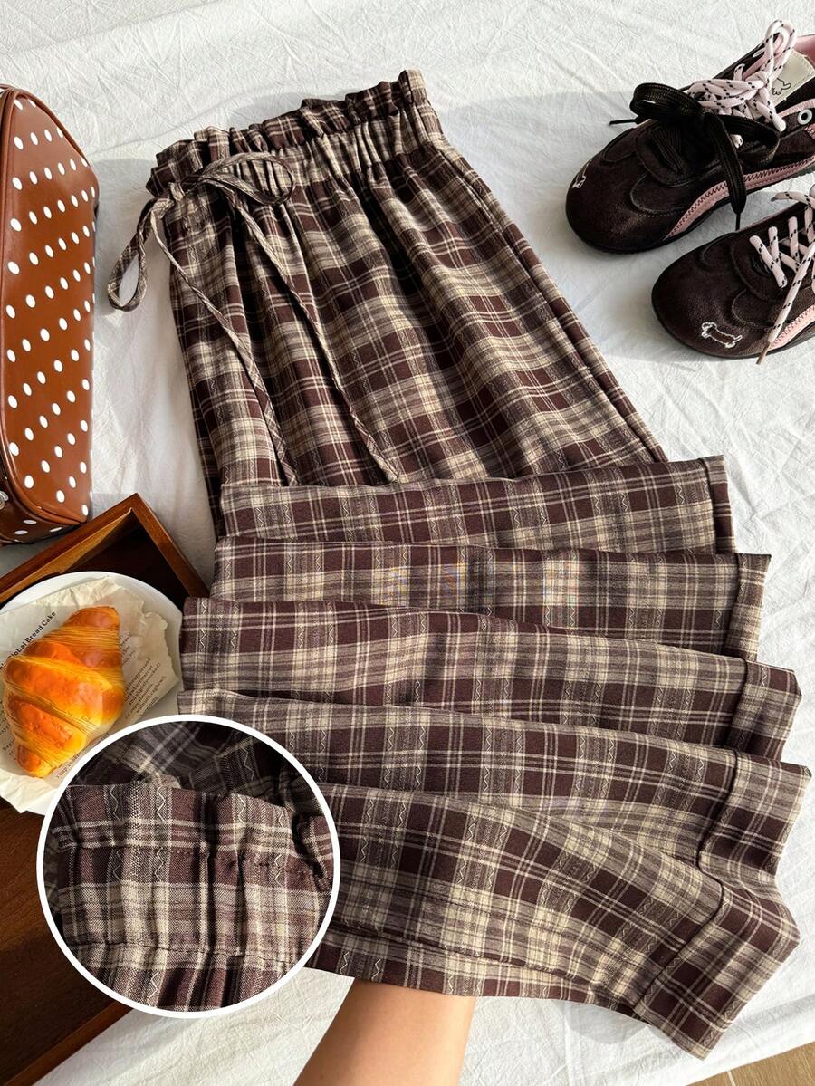 Comfortcana Plus Size Fashion Versatile Plaid Drawstring Waist Pocket Casual Long Pants - Brown - View 1