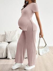 SHEIN 孕婦純色短袖上衣與可調腰長褲休閒日常兩件套 - 藕粉色 - 查看 4