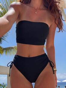 SHEIN Swim 女款兩件式平口比基尼套裝，熱帶可愛碎花高腰泳褲，海灘度假休閒對比色比基尼套裝 - 黑色 - 查看 1