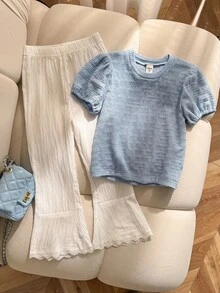 Elladie kids Conjunto de verano estilo dulce para niñas, top con espalda hueca, lazo y mangas abullonadas + pantalones acampanados con ribete de encaje - Azul - Ver 5