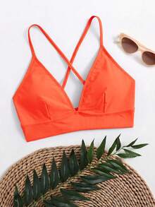 Swim Basics Women's Solid Color Spaghetti Strap Bikini Top Suitable For Summer Vacation Beach - Orange - View 3