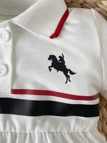 SHEIN Playful Pals 女嬰夏季日常外出度假短袖 Polo 領馬匹印花休閒運動風連身衣 - 白色 - 查看 4