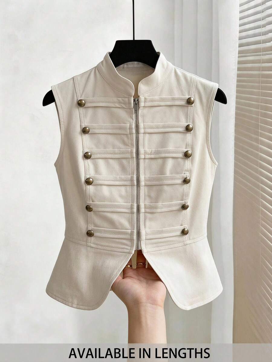 SHEIN PETITE CURVE 大尺碼女款修身拉鍊前開拿破崙/軍裝風夾克背心,女夏季服飾,外出、鄉村音樂會穿搭 - 卡其色 - 查看 1