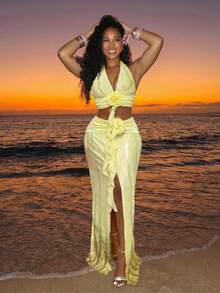 BamGleam 女士夏季沙滩纯色褶皱波浪V领无袖露背吊带背心，手工荷叶边花卉装饰，搭配开衩下摆长裙两件套 - 黃色 - 查看 7