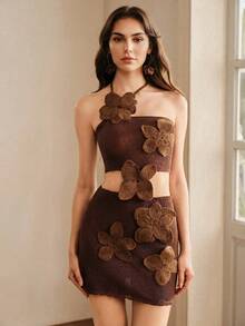 Anewsta Vintage Brown Strapless Cropped Tube Top And High Waist Bodycon Mini Skirt 2-Piece Set, Sexy Elegant Summer Outfit For Women, Fitted Cover Up With 3D Floral Applique - Chocolate Brown - View 4