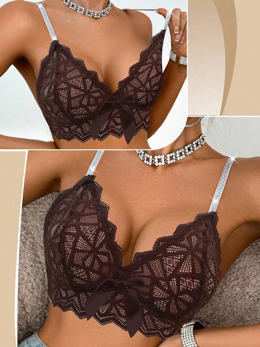 SHEIN Elacene 1pc Women's Lace Wire-Free Bra - Coffee Brown - View 1