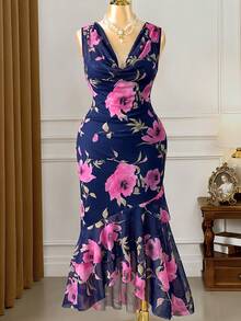 Rometta Plus Size Women's Elegant Knit Sleeveless Mesh Pink Floral Digital Print Double Layer Long Dress - Navy Blue - View 5