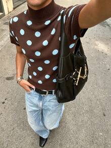 Siren Gaze Women's Brown Polka Dot Turtleneck Short-Sleeved Wool Knit Top Suitable For All Seasons World Cup Brunch Everyday Summer Casual French Retro High Tea - Brown - View 10
