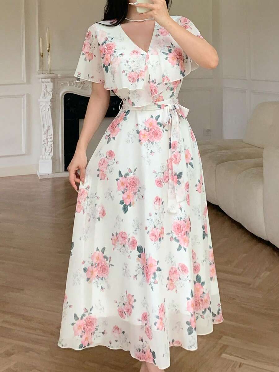 Celisse Spring/Summer New Women's Long Dress, Rose Floral Print V-Neck Shawl Collar Ruffle Sleeve Tie Cinched Waist Cinched Full Skirt Mid-Length Chiffon Dress, Summer Women's Dress - Multicolor - View 1