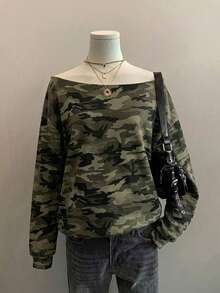 SHEIN EZwear 女款休閒衛衣，迷彩印花，露肩衛衣，女款秋冬服飾，街頭風，適合日常通勤、約會、聚會、秋冬、夏季、聖誕節、新年、感恩節、派對、婚禮、海灘、畢業典禮，優雅、休閒、外出 - 彩色 - 查看 7