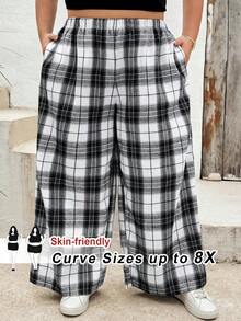 SHEIN CURVE+ 大尺碼女款格紋長褲，黑白格紋鬆緊腰寬腿休閒寬鬆長褲，女款休閒寬腿褲，Curve Plus，Hoho Vacation - 黑與白 - 查看 7