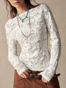 Bohemela Casual Boho Country Grunge Solid Color Knit Off-Shoulder Women's T-Shirt Concert Music White Autumn - White - View 6