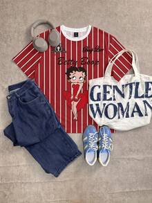 Betty Boop x SHEIN SHEIN EZwear 休閒圓領短袖寬鬆女款T恤 紅白條紋印花街頭風 日常外出夏季穿搭 - 彩色 - 查看 7