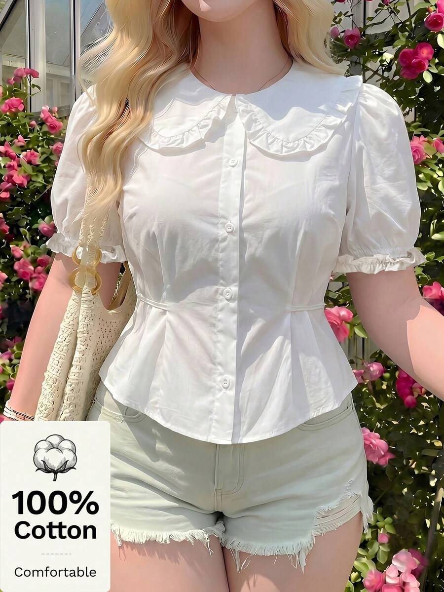SHEIN MOD 大码女式纯棉彼得潘领修身泡泡袖短袖衬衫，夏季短袖上衣