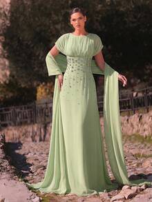 Aureia 優雅浪漫時尚雪紡面料水鑽裝飾抓皺修身A字裙 派對禮服 婚禮賓客禮服 單身派對禮服 正式晚禮服 - 綠色 - 查看 1