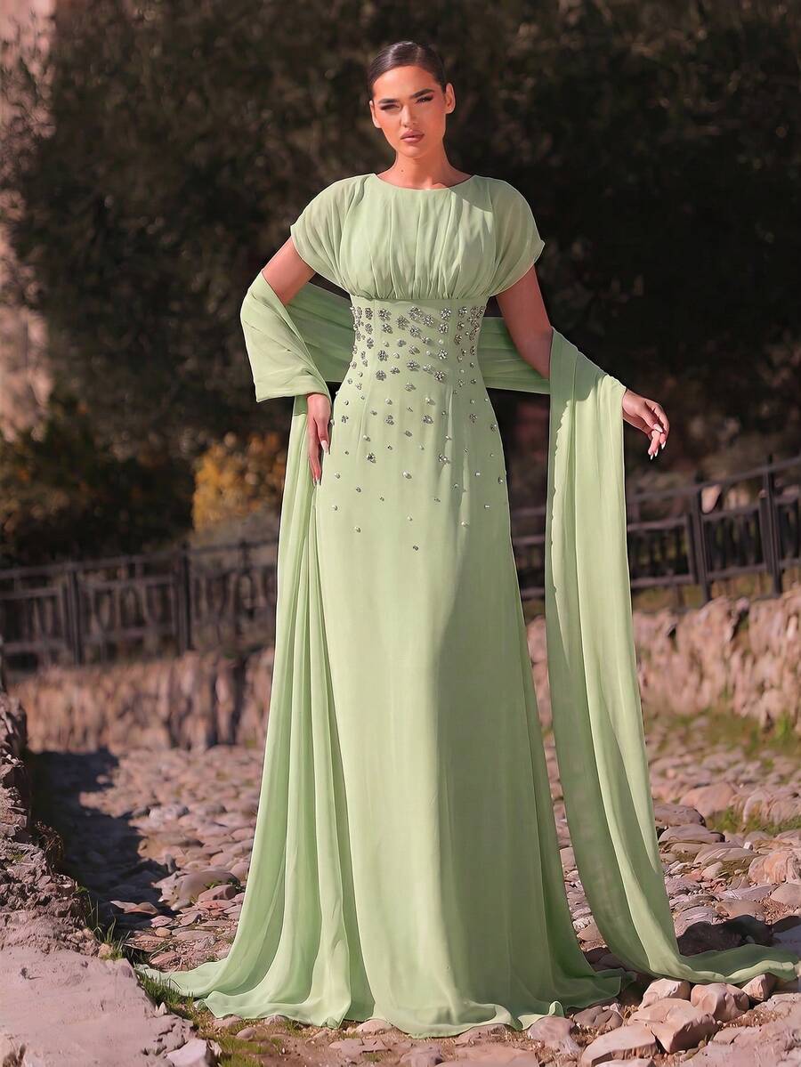 Aureia 優雅浪漫時尚雪紡面料水鑽裝飾抓皺修身A字裙 派對禮服 婚禮賓客禮服 單身派對禮服 正式晚禮服 - 綠色 - 查看 1