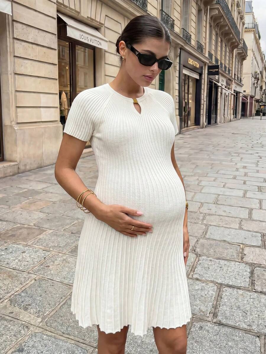 MaterniWear Maternity Summer Casual Solid Color Knit Dress - Beige - View 1