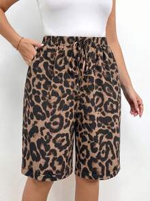EMERY ROSE Plus Size Casual Leopard PrintBermuda Shorts With Pockets And Decorative Drawstring - Multicolor - View 5