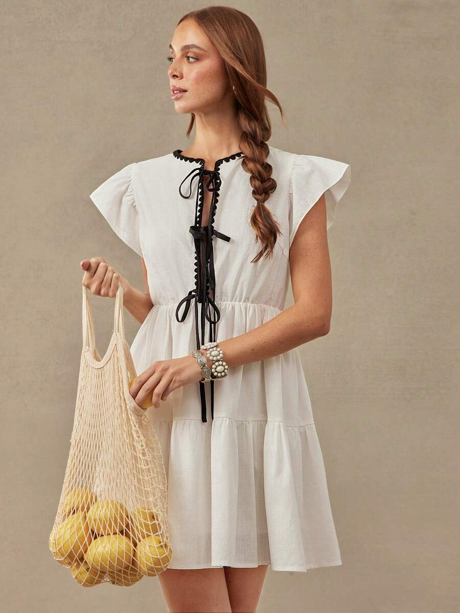 WESTFADE Tie Front Ruffle Sleeve Embroidered Mini Dress, Western, Female Country Look, Cowgirl, Rodeo, Summer, Fall, Church Dress - Beige - View 1
