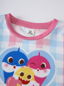 BABY SHARK X SHEIN Young Girl Round Neck Plaid Letter Cartoon Pattern Casual Daily Dress - Pink - View 3