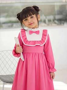 SHEIN Young Girls DRMZ Young Girl Bowknot Decor Patchwork Ruffle Long Sleeve Cute Safari Dress Back-To-School School Autumn - Multicolor - View 5
