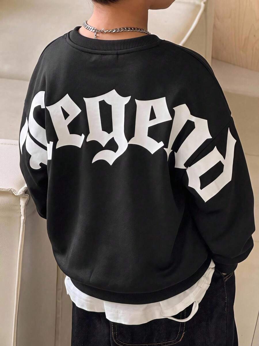 SHEIN 1件男童休閒學院風舒適時尚極簡街頭風寬鬆實用百搭大字母圖案厚款運動衫,適合日常穿著、校園出遊、運動,秋冬款 - 黑色 - 查看 1