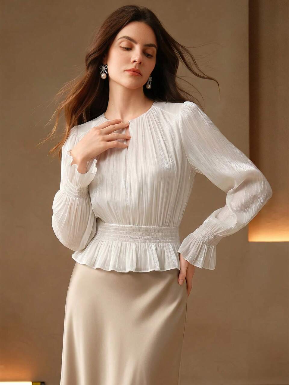 Anewsta Women's New Elegant Elegant Daily Versatile Solid Light Apricot Shiny Fabric Sexy V-Neck Chain Decor Long Sleeve Ruffle Cuff Waist-Cinching Short Pullover Blouse