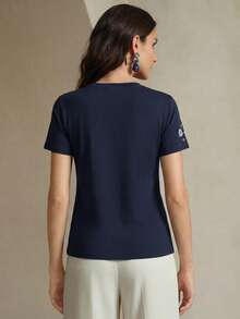 Anewsta Atasan Wanita Musim Panas Warna Biru Royal Biru Navy Lengan Pendek Bordir Motif Kerang untuk Liburan Musim Semi/Musim Panas - Navy Blue - View 6