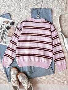SHEIN 青少年女孩秋冬時尚休閒條紋 Polo 毛衣 - 粉色 - 查看 2