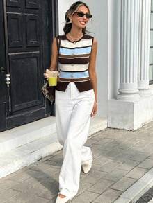 Serisse Women's Casual Vintage American Preppy Style Sleeveless Knit Vest With Brown Striped. Autumn Outfit For Women, Going Out School Brunch Tops - Multicolor - View 9