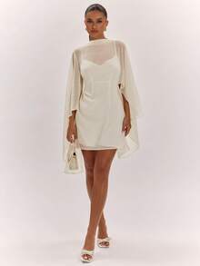 SHEIN BAE Vestido mini de mujer primavera/verano color albaricoque blanco, manga larga, cuello semi-alto, espalda descubierta, corte A, de gasa, minimalista, vestido blanco, vestido elegante, vestido sencillo para uso diario, vestido de vacaciones - Albaricoque - Ver 5