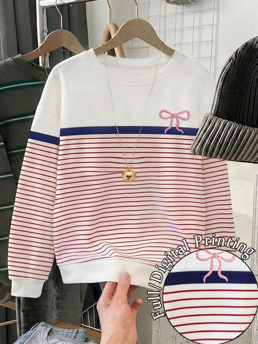 秋冬休閒時尚女童甜美條紋印花圓領運動衫，美式復古圖案設計外套，百搭Tween女孩運動衫，適合8-12歲 - 彩色 - 查看 1