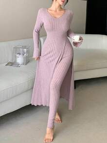 DAZY 女款純色高開衩長版上衣與緊身褲家居服套裝 - 灰色 - 查看 8