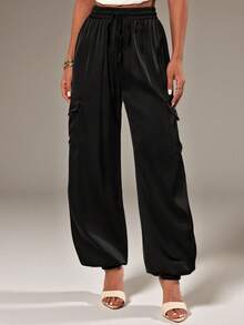 SHEIN PETITE Autumn Satin Drawstring Waist Black Casual Women's Trousers Petite Party Everyday Work - Black - View 1