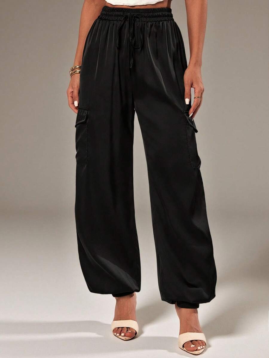 SHEIN PETITE Autumn Satin Drawstring Waist Black Casual Women's Trousers Petite Party Everyday Work - Black - View 1