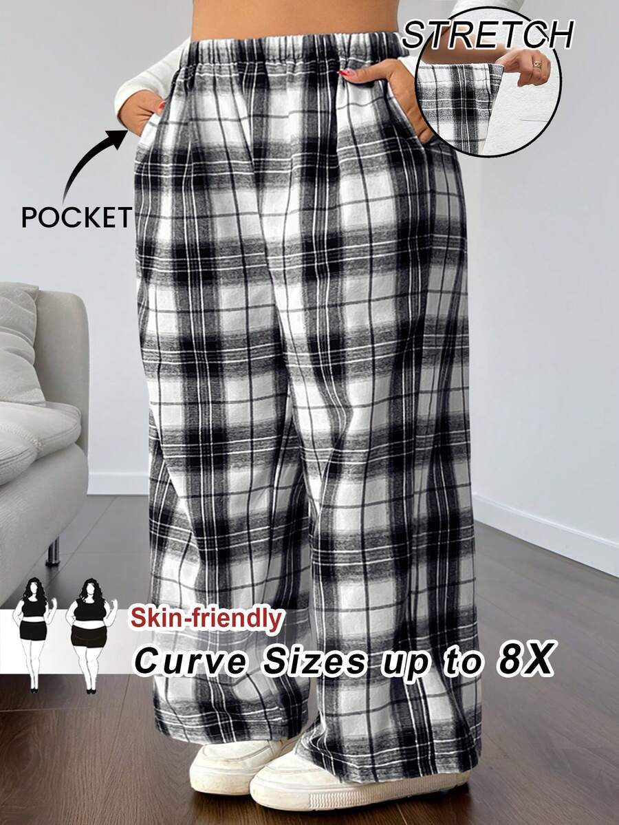 SHEIN CURVE+ 大尺碼女款格紋長褲,黑白格紋鬆緊腰寬腿休閒寬鬆長褲,女款休閒寬腿褲,Curve Plus,Hoho Vacation - 黑與白 - 查看 1