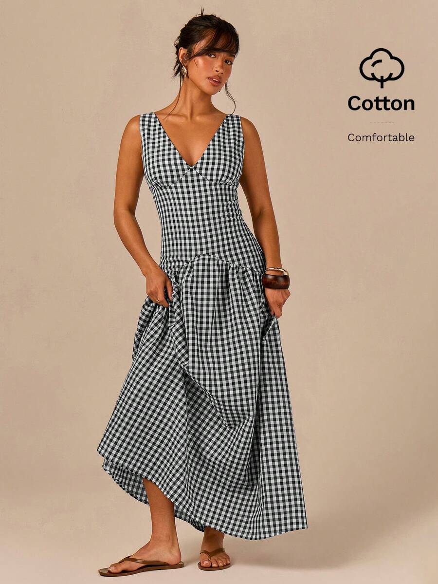 Athîral Women's V-Neck Plaid Pleated Casual Cottagecore Boho Party Picnic Vacation Travel Dress Black Gingham Summer - Black and White - View 1