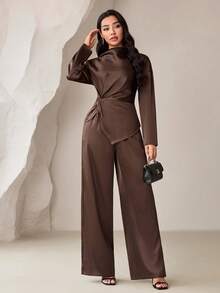 Veilorie Women's Solid Color Pleated Long Sleeve Top And Pants Casual Daily Arabic Outfit Set - Coffee Brown - View 1