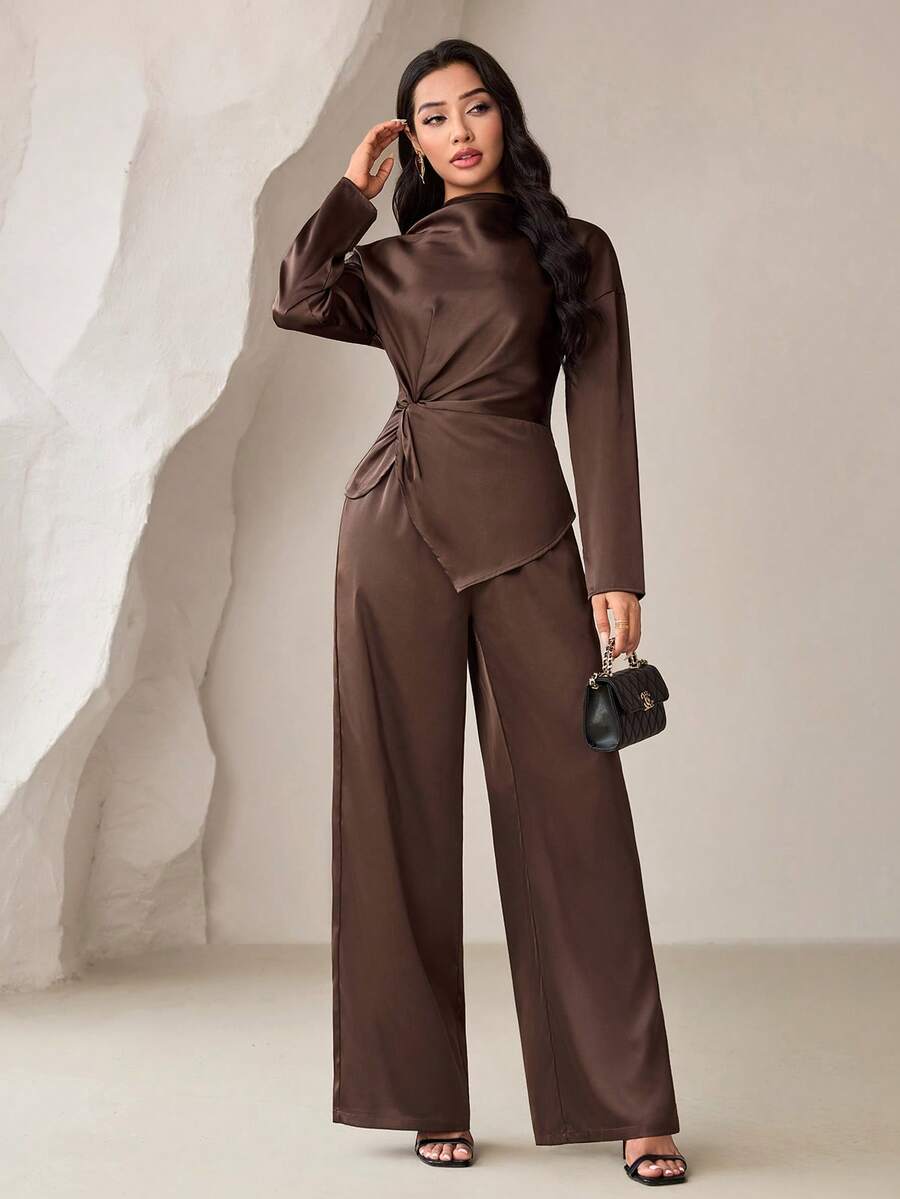 Veilorie Women's Solid Color Pleated Long Sleeve Top And Pants Casual Daily Arabic Outfit Set - Coffee Brown - View 1