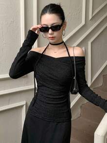 DAZY Women's Cross Off Shoulder Korean Style Tie-Up Long Sleeve T-Shirt, Spring/Autumn Cute Tops Vacation Going Out Tops - Black - View 9