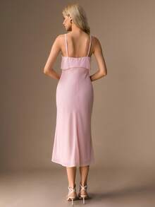 Willow Rêve Women's Chiffon Cowl Neck Midi Dress, Bias Cut Ruffle Mermaid Dress, Pink Slip Dress - Baby Pink - View 2