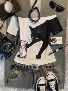 IslaSuriya 女款 Y2K 趣味貓咪印花露肩 T-shirt - 復古 2000 年代風格 - 彩色 - 查看 3