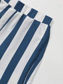 Selamara Set de 2 piese pentru femei, stil casual, stil vacanță, top lejer cu mânecă scurtă și pantaloni largi cu imprimeu în dungi, primăvară/vară - Albastru - Vizualizare 4